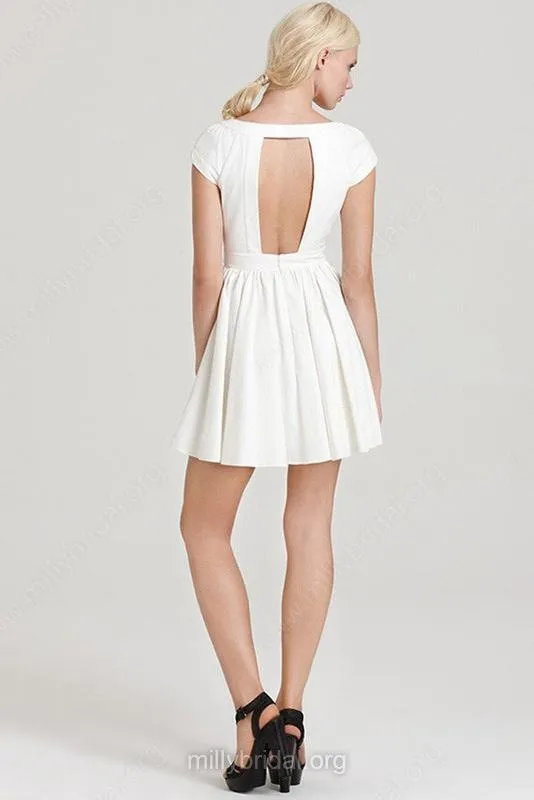 A Line Open Back Scoop Neck Chiffon Ruffles Cap Sleeve Short Homecoming Dress