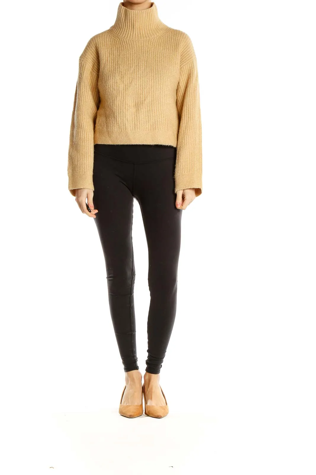 Beige Ribbed Turtleneck Cropped Sweater