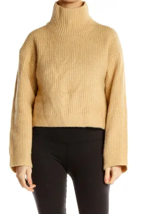 Beige Ribbed Turtleneck Cropped Sweater