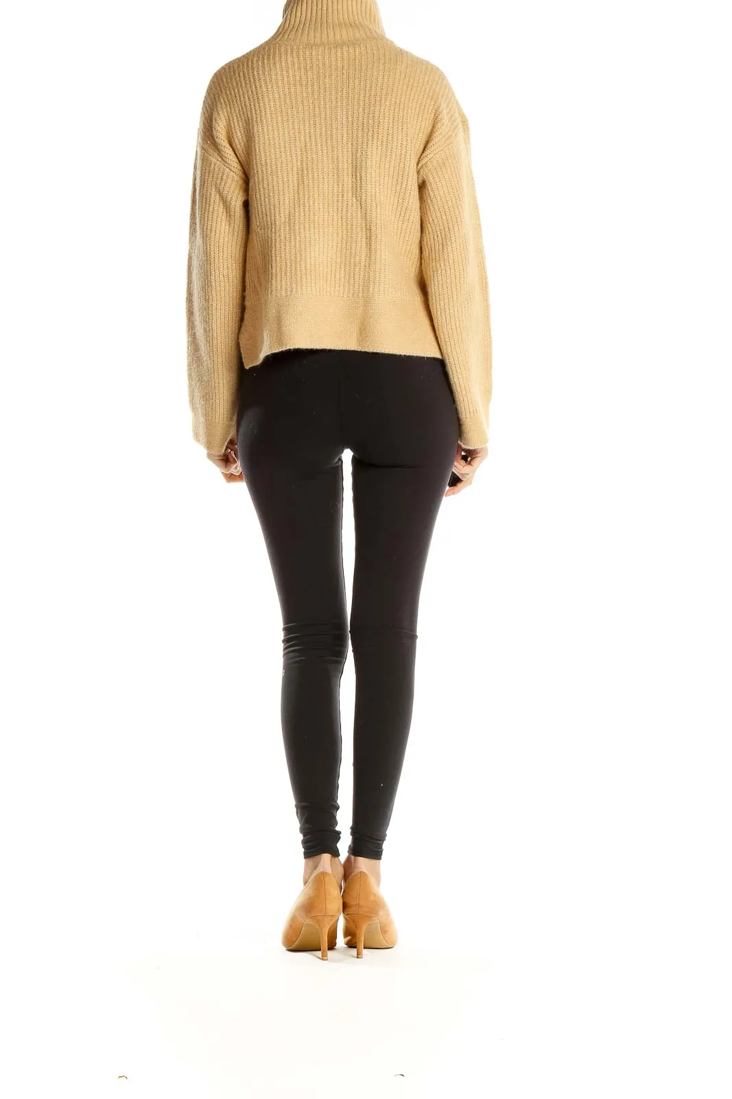 Beige Ribbed Turtleneck Cropped Sweater