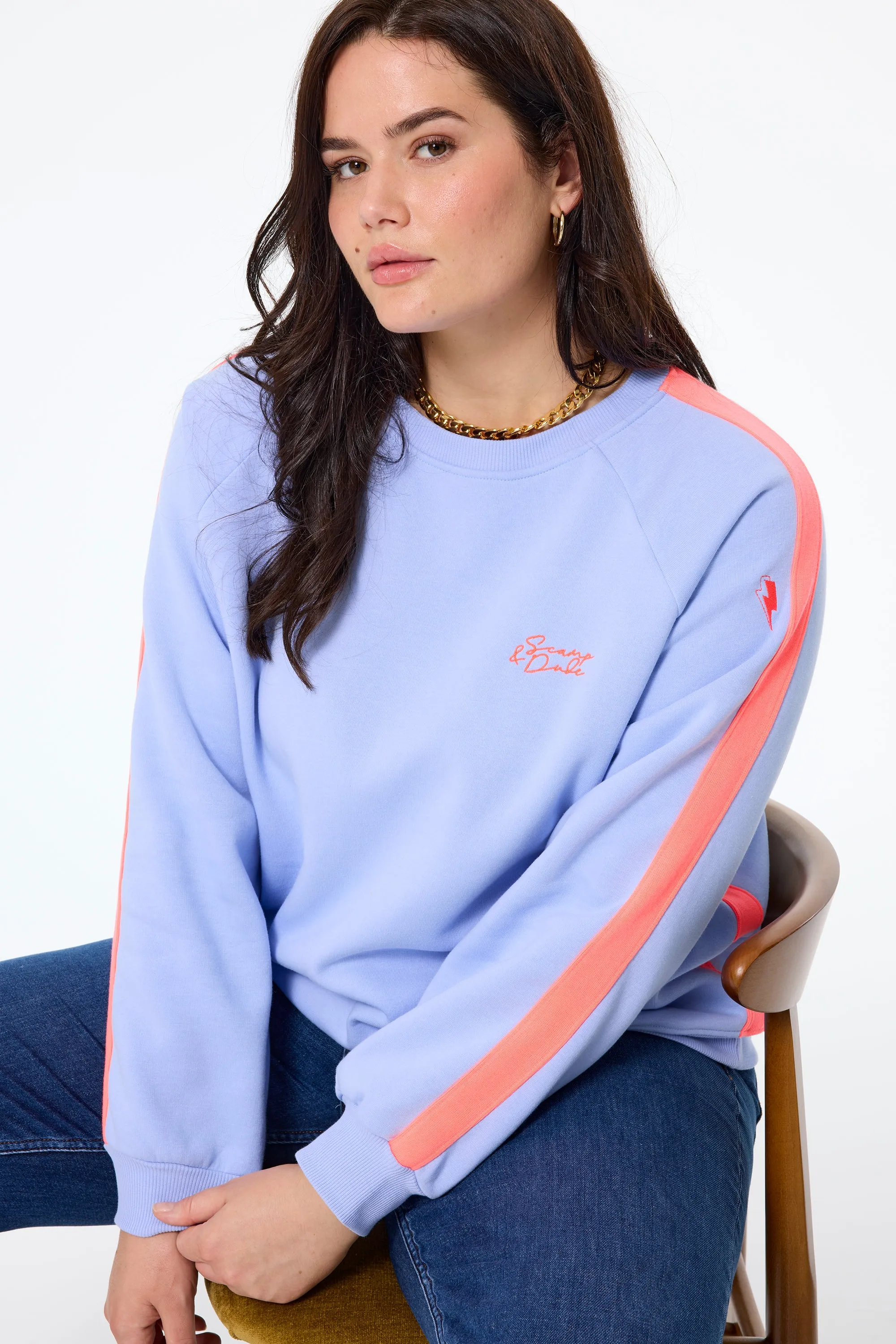 Blue with Neon Coral Colourblock Relaxed Sweatshirt