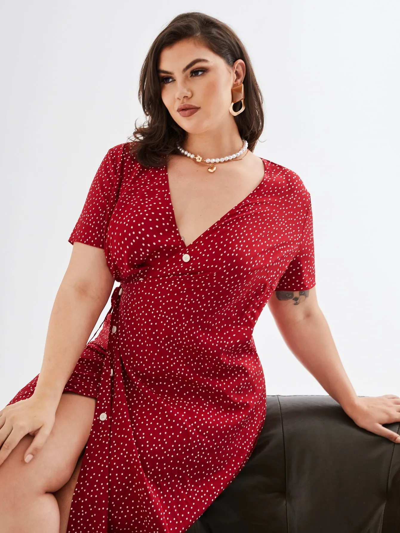 Boho Polka Dot Wrap Short Sleeve V Neck Wrap Midi Plus Size Dress