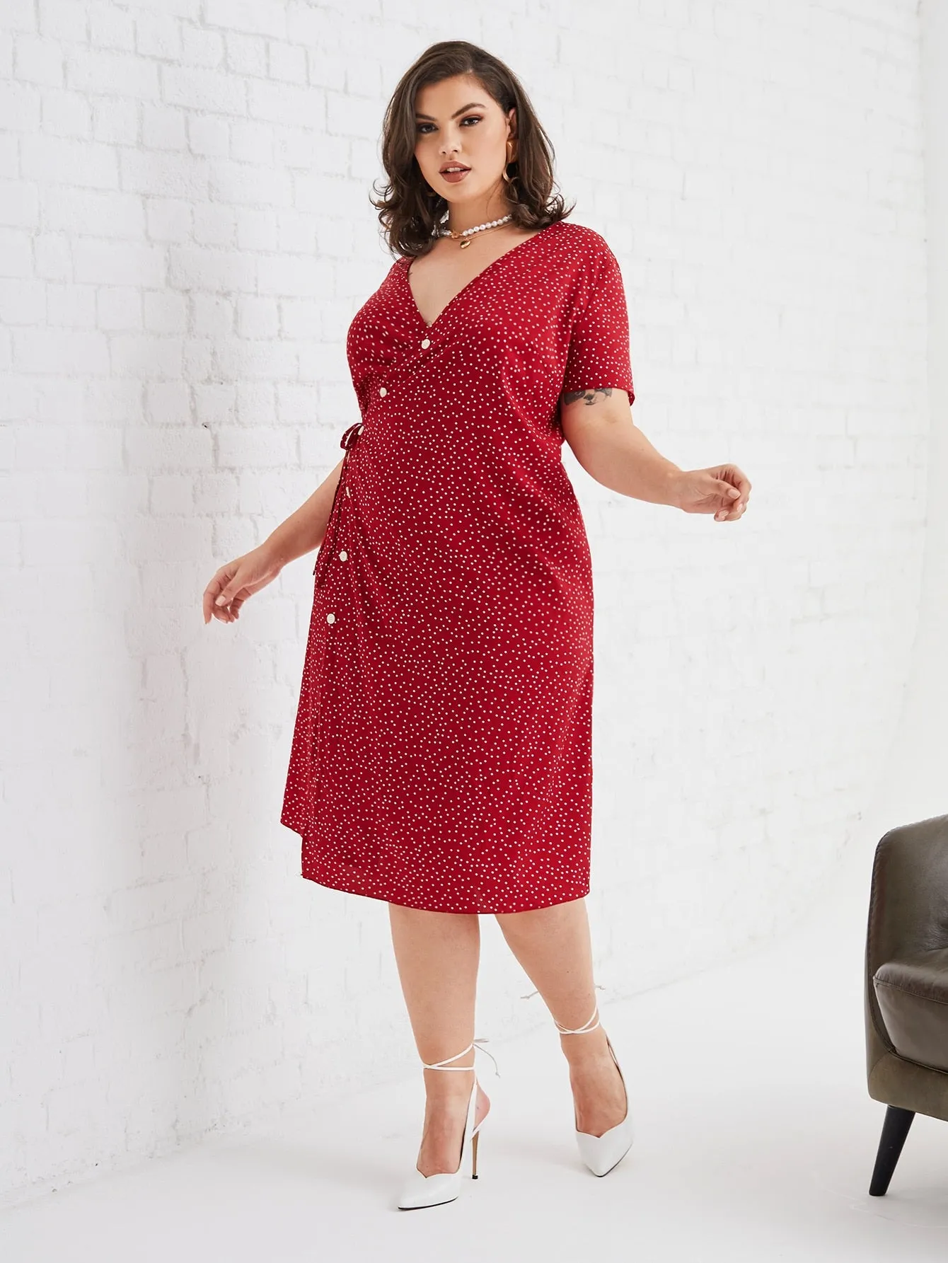 Boho Polka Dot Wrap Short Sleeve V Neck Wrap Midi Plus Size Dress