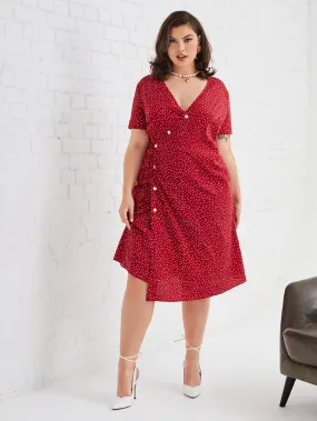 Boho Polka Dot Wrap Short Sleeve V Neck Wrap Midi Plus Size Dress