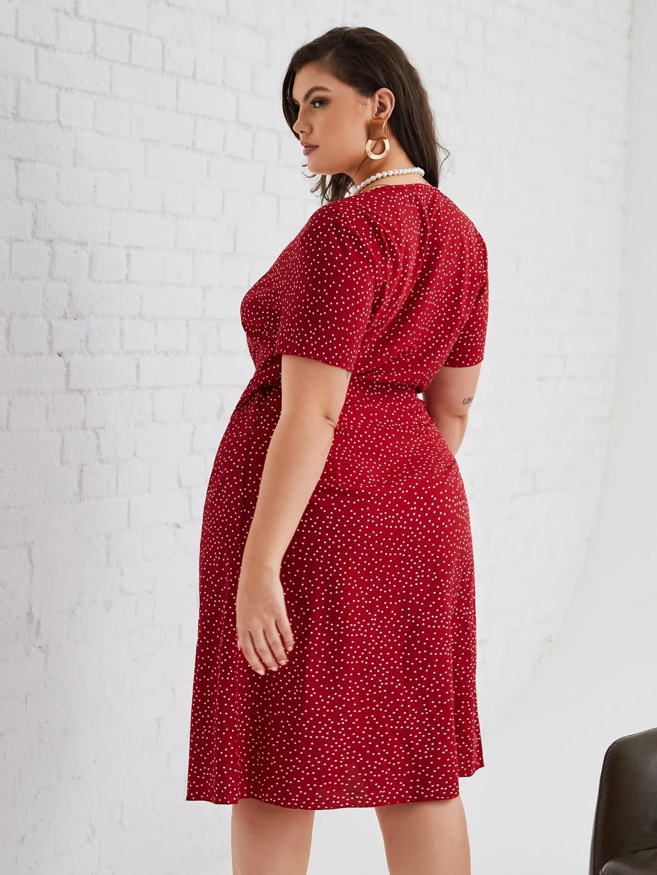 Boho Polka Dot Wrap Short Sleeve V Neck Wrap Midi Plus Size Dress