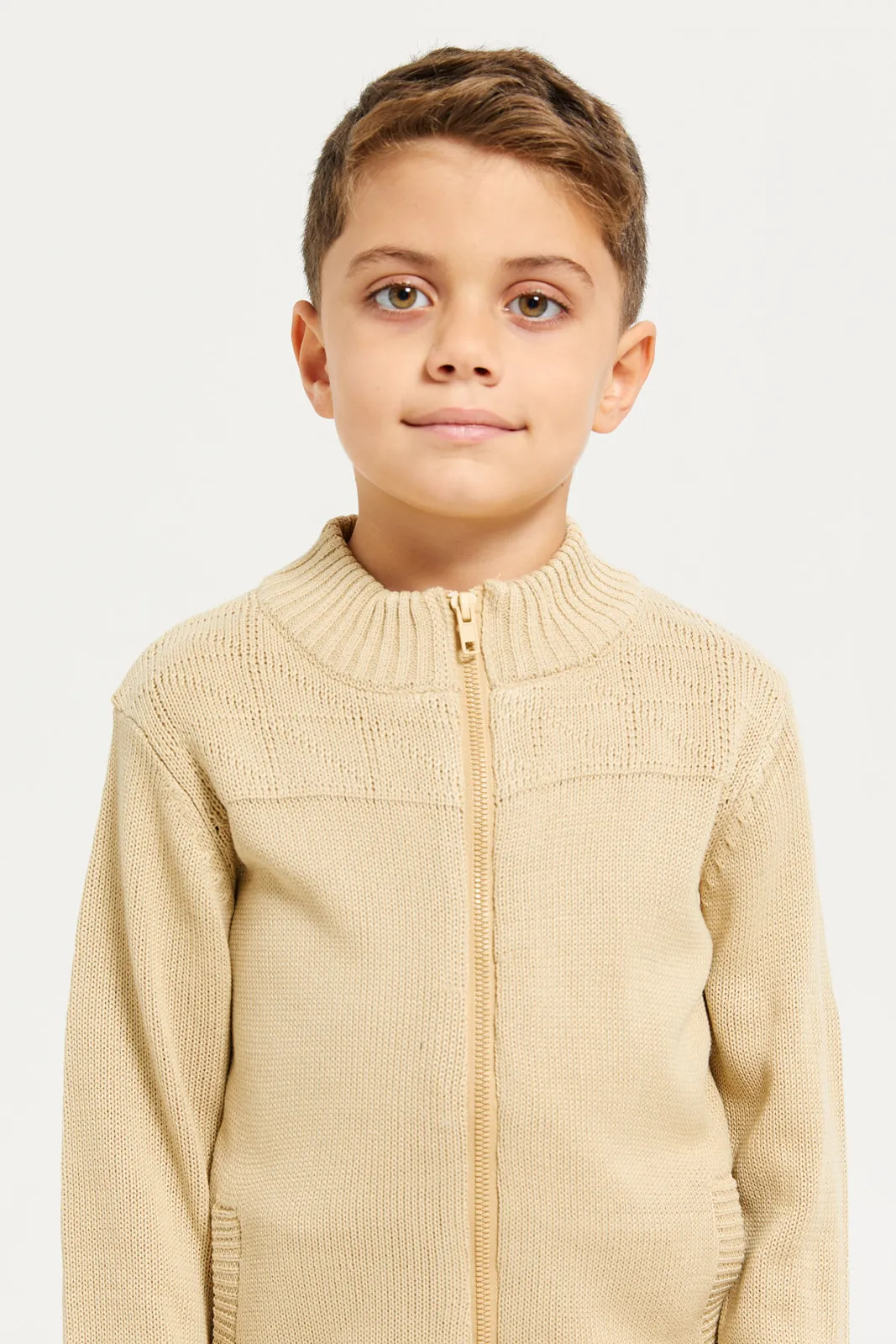 Boys Beige Solid Sweater