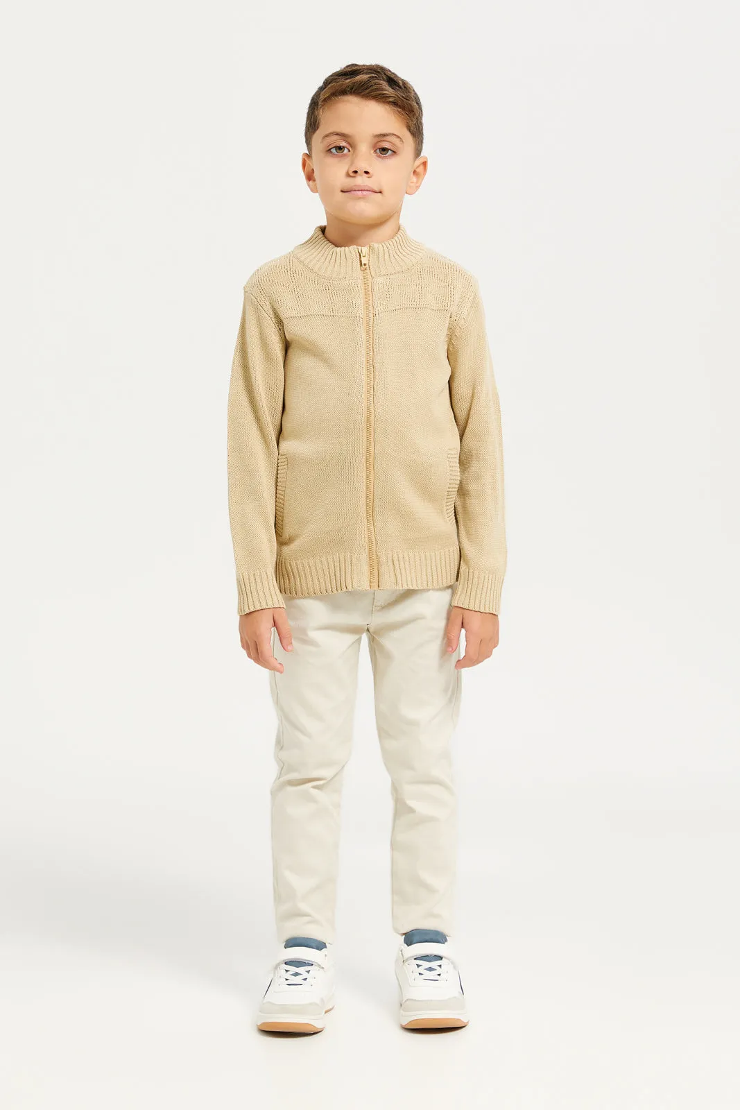 Boys Beige Solid Sweater