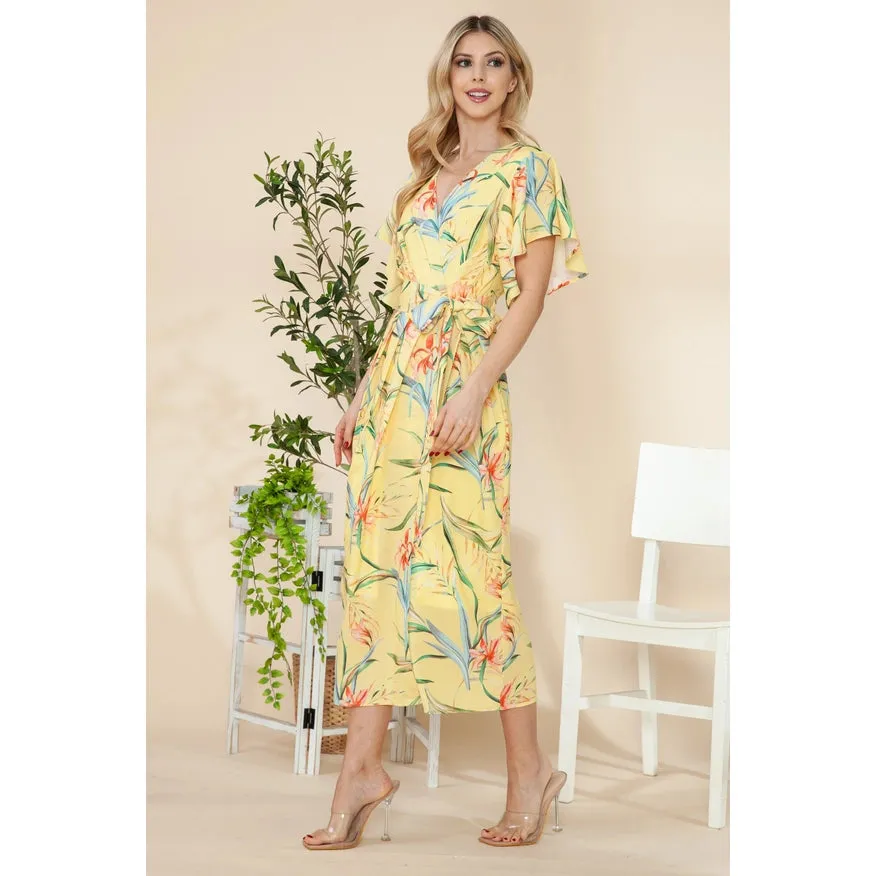 Butterfly Sleeves Wrap Dress Yellow