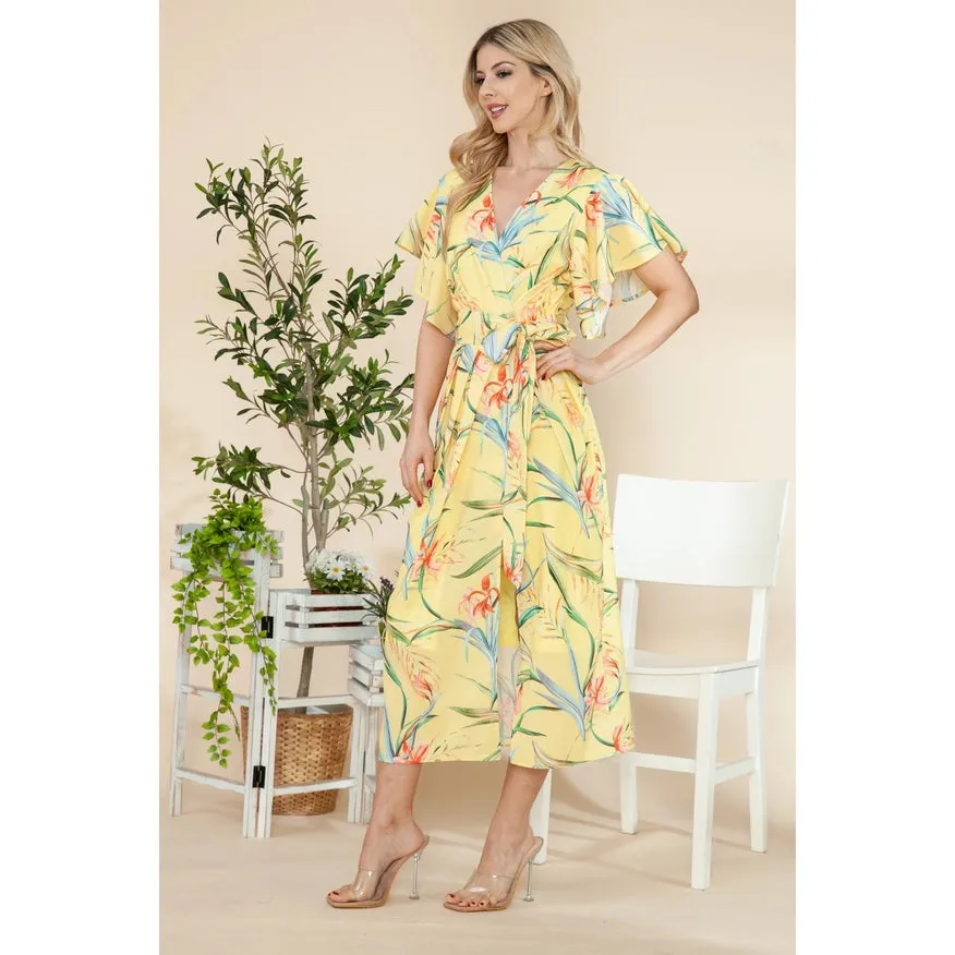 Butterfly Sleeves Wrap Dress Yellow