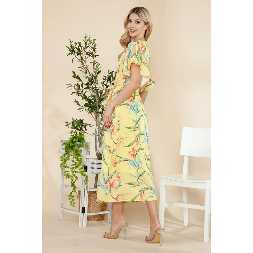 Butterfly Sleeves Wrap Dress Yellow