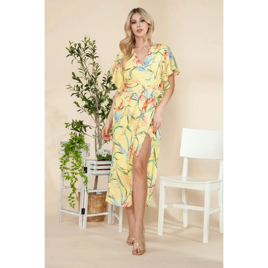 Butterfly Sleeves Wrap Dress Yellow