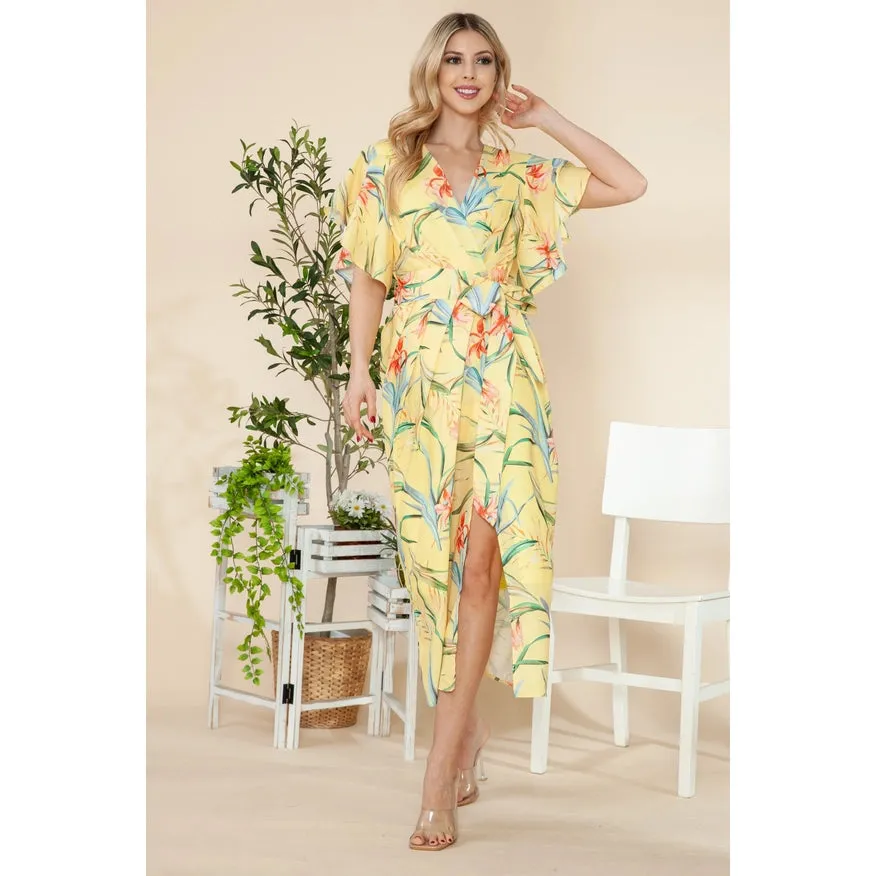 Butterfly Sleeves Wrap Dress Yellow