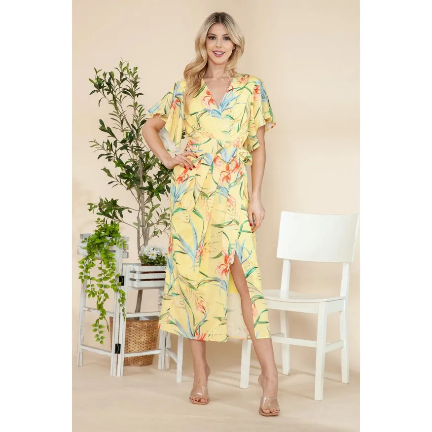 Butterfly Sleeves Wrap Dress Yellow