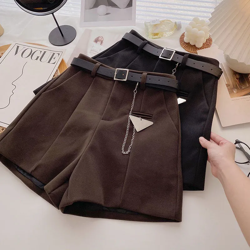 Casual Comfortable Elegant Shorts With Belt Women's Woolen Shorts