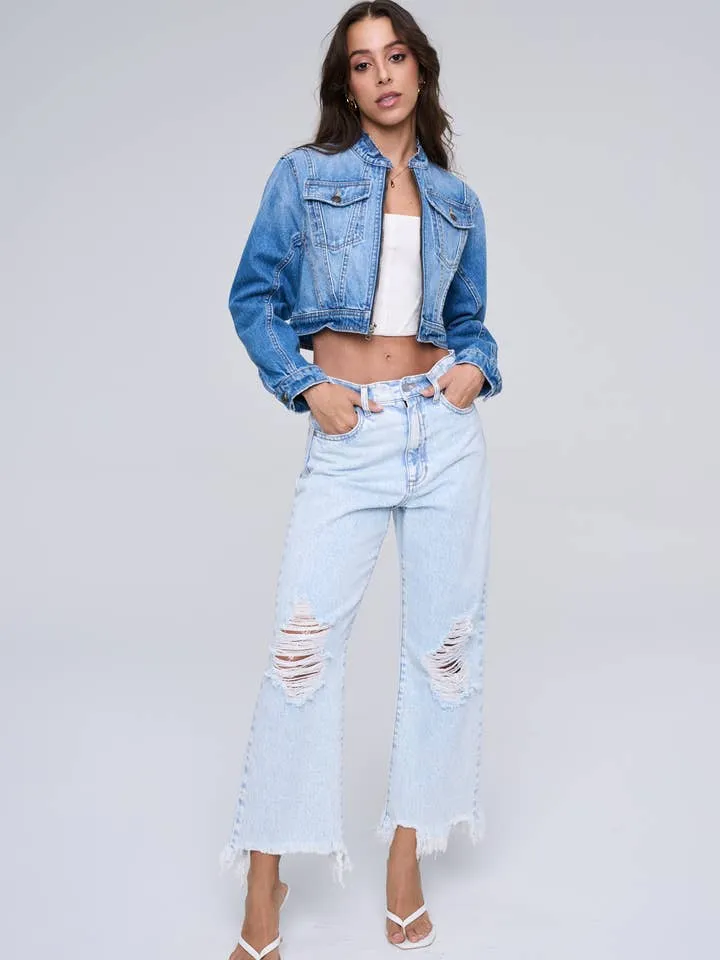 Distressed High Rise Cropped Jeans - Acid Wash