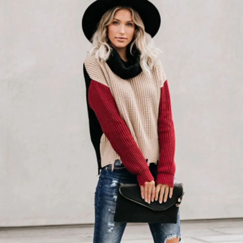 Distressed Turtleneck Colorblock Ribbed Sweater