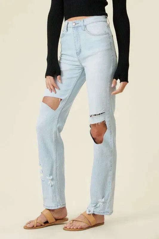 Distressed Wide Leg Light Stone Jeans