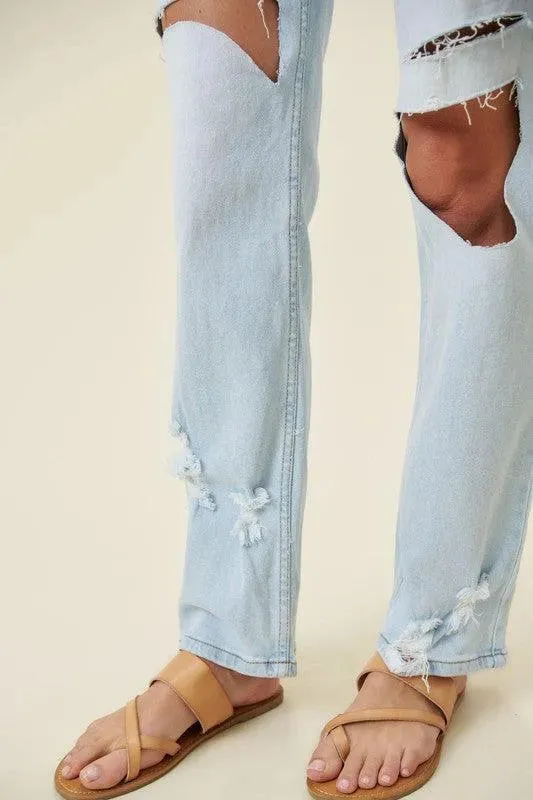 Distressed Wide Leg Light Stone Jeans