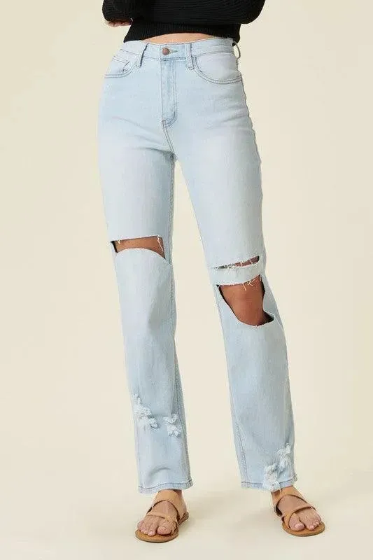 Distressed Wide Leg Light Stone Jeans