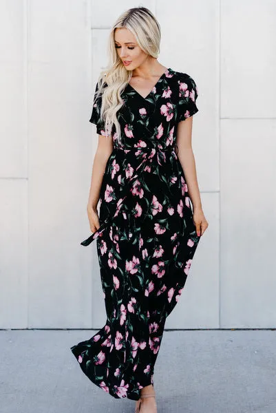 Faux Wrap Maxi Dress: Black Floral