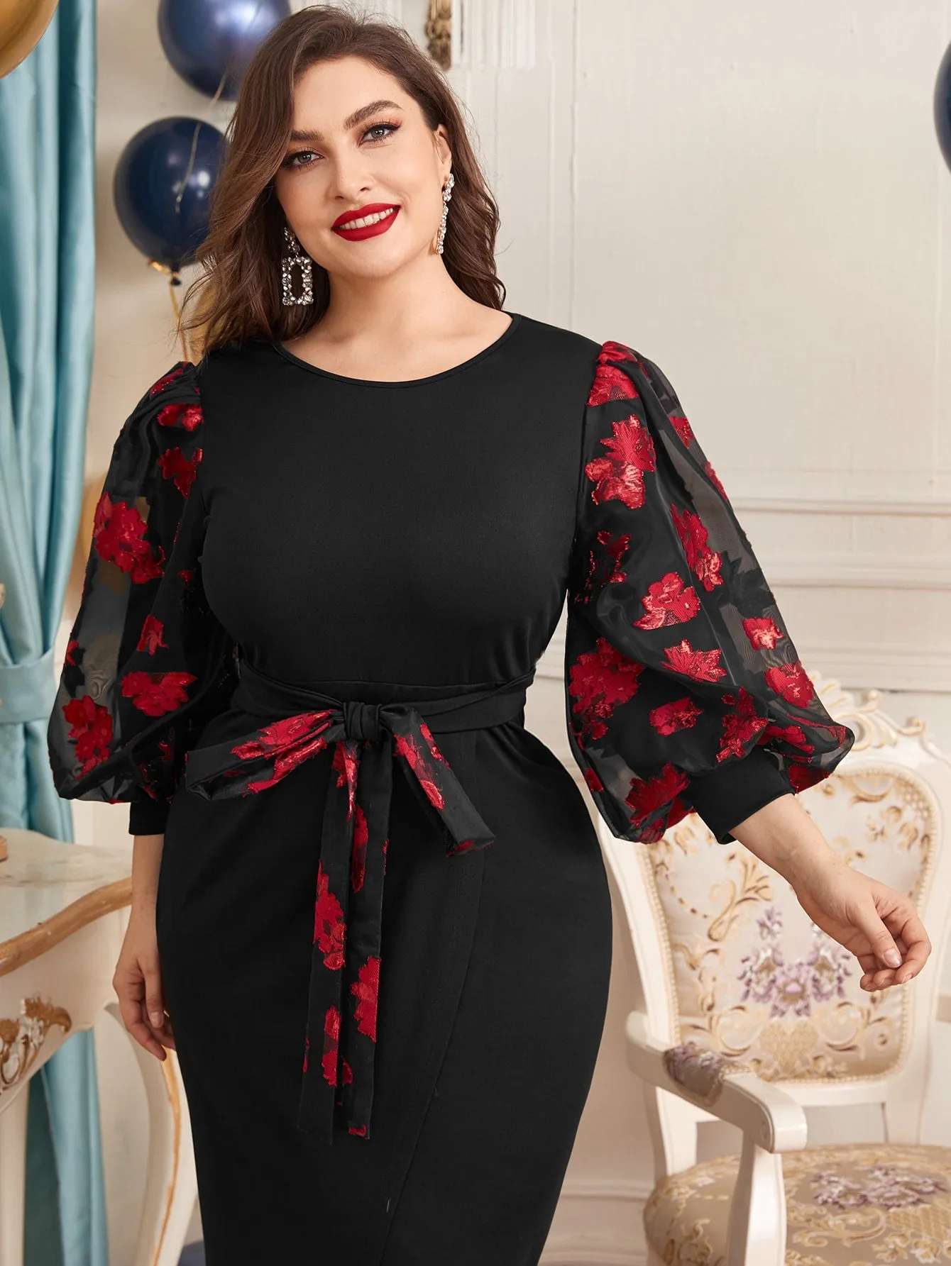 Glamorous Floral Wrap Three Quarter Length Sleeve Round Neck Wrap High Waist Long Plus Size Dress