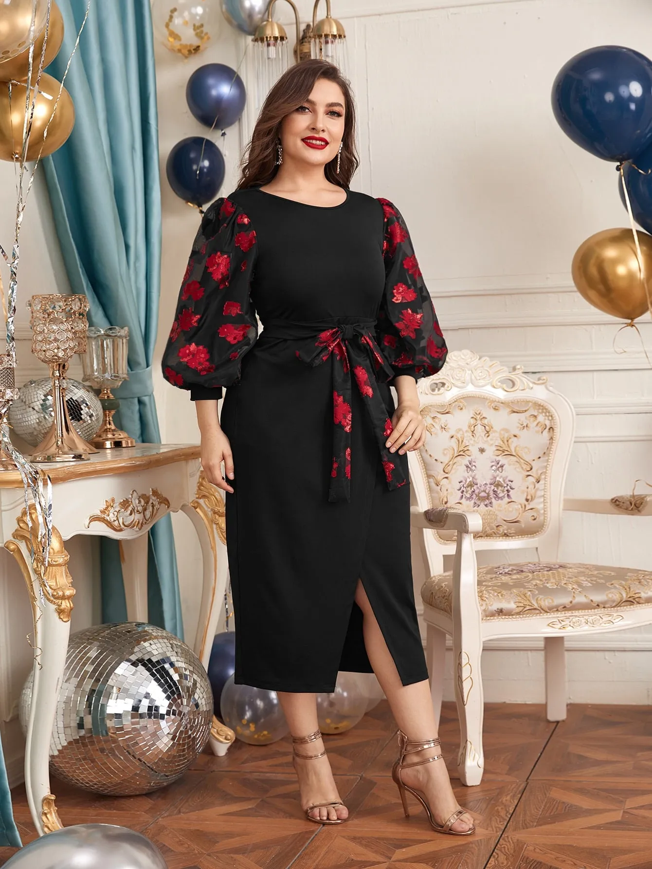 Glamorous Floral Wrap Three Quarter Length Sleeve Round Neck Wrap High Waist Long Plus Size Dress