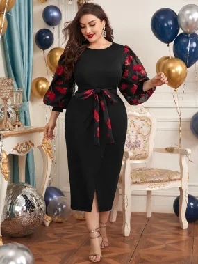 Glamorous Floral Wrap Three Quarter Length Sleeve Round Neck Wrap High Waist Long Plus Size Dress