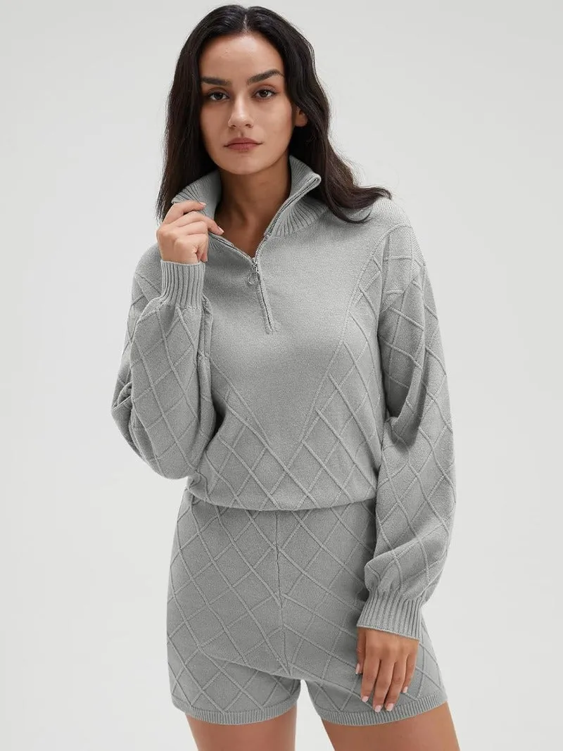 Half Zip Sweater & Shorts Lounge Set - Cable Knit Collar