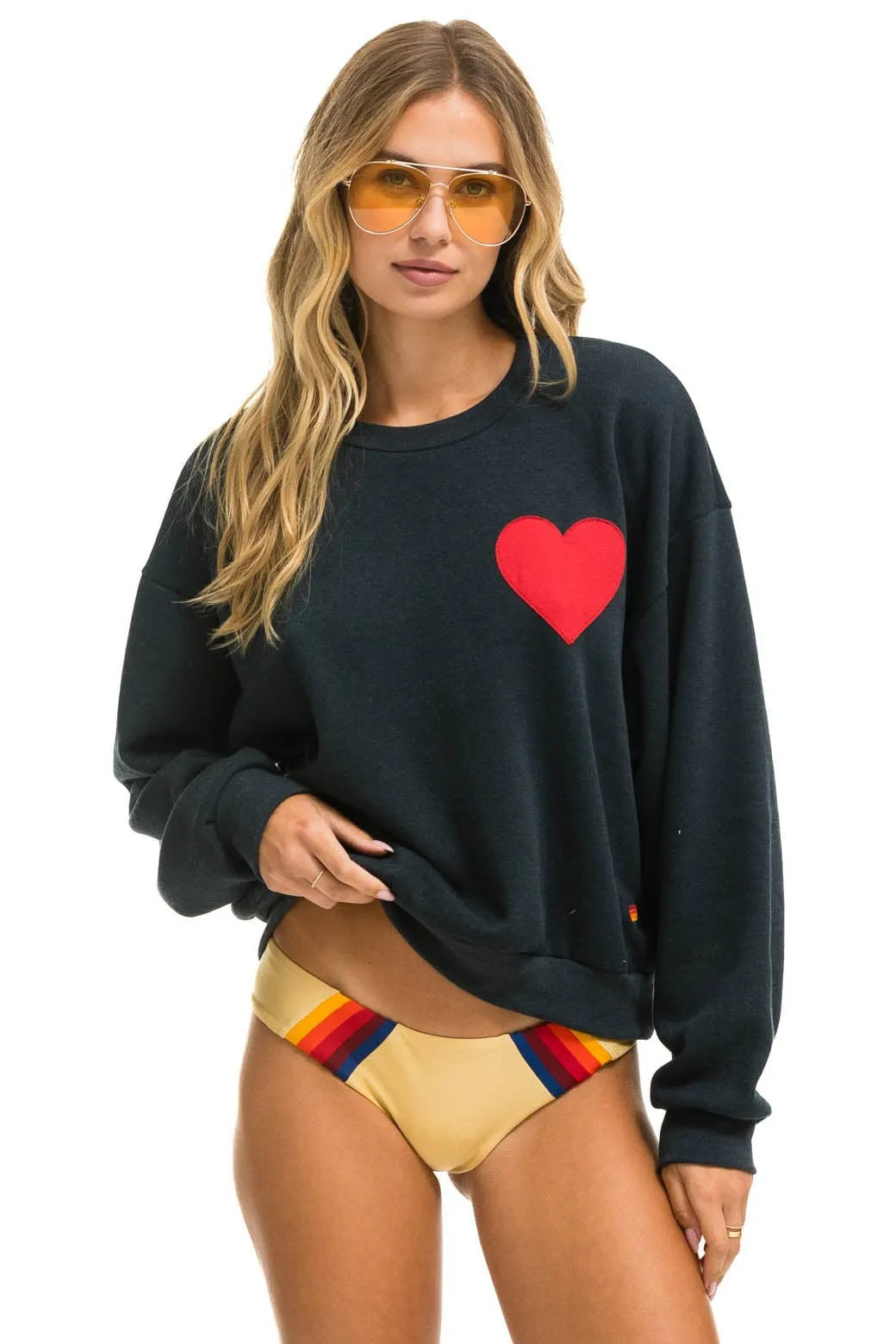 HEART STITCH RELAXED CREW SWEATSHIRT - CHARCOAL