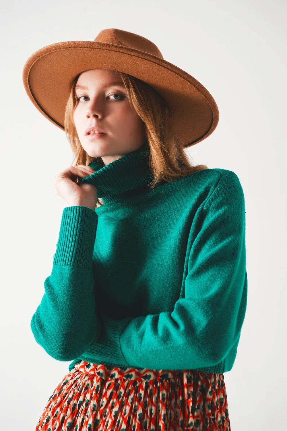 High Neck Cropped Jumper In Green