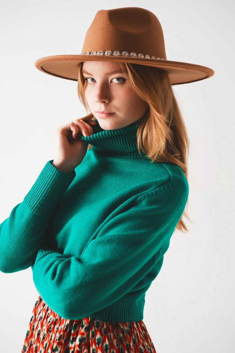 High Neck Cropped Jumper In Green