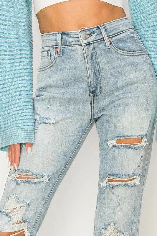 High Rise Distressed Straight Jeans