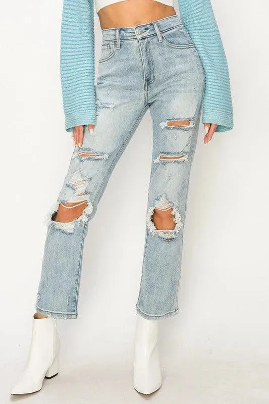 High Rise Distressed Straight Jeans