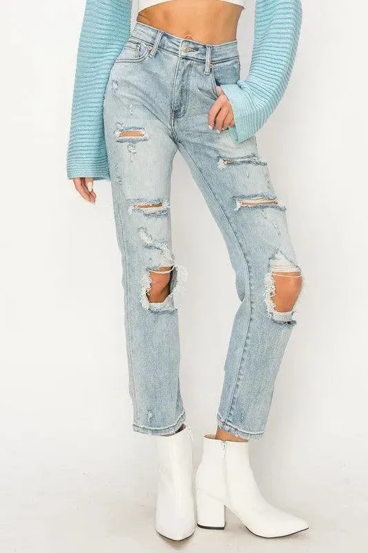 High Rise Distressed Straight Jeans