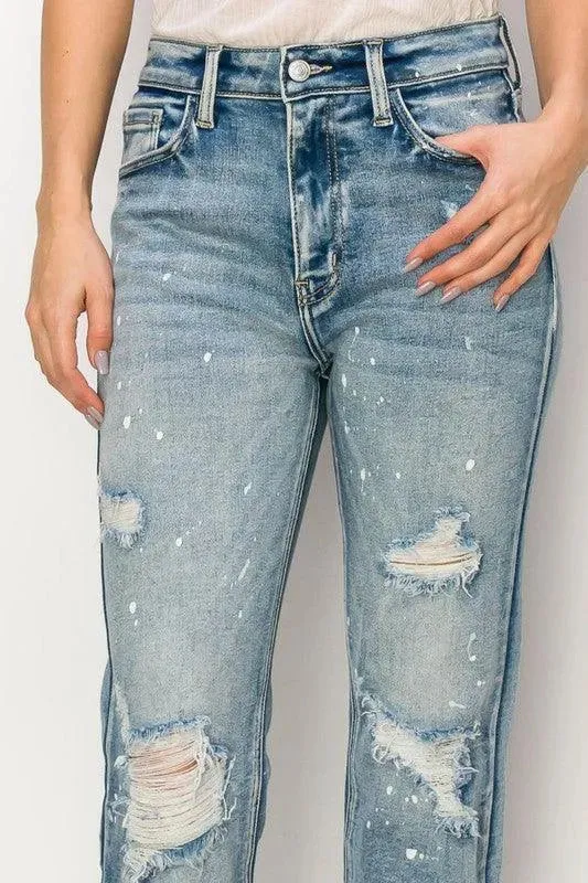 High Rise Distressed Straight with Fray Hem Jeans