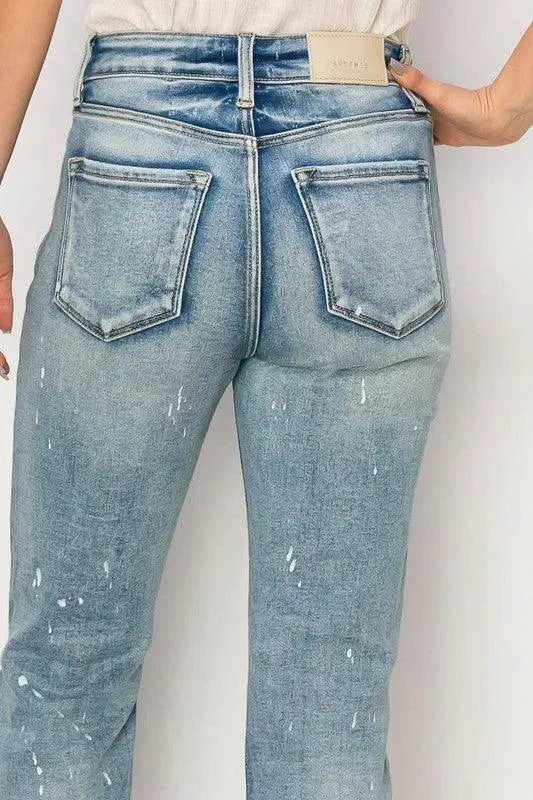 High Rise Distressed Straight with Fray Hem Jeans