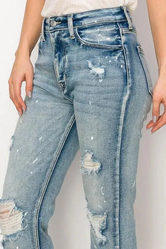 High Rise Distressed Straight with Fray Hem Jeans