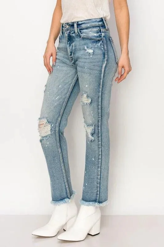 High Rise Distressed Straight with Fray Hem Jeans