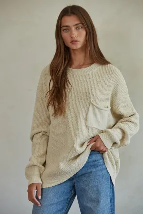 Knit Cotton Sweater Ribbed Pullover Top Natural