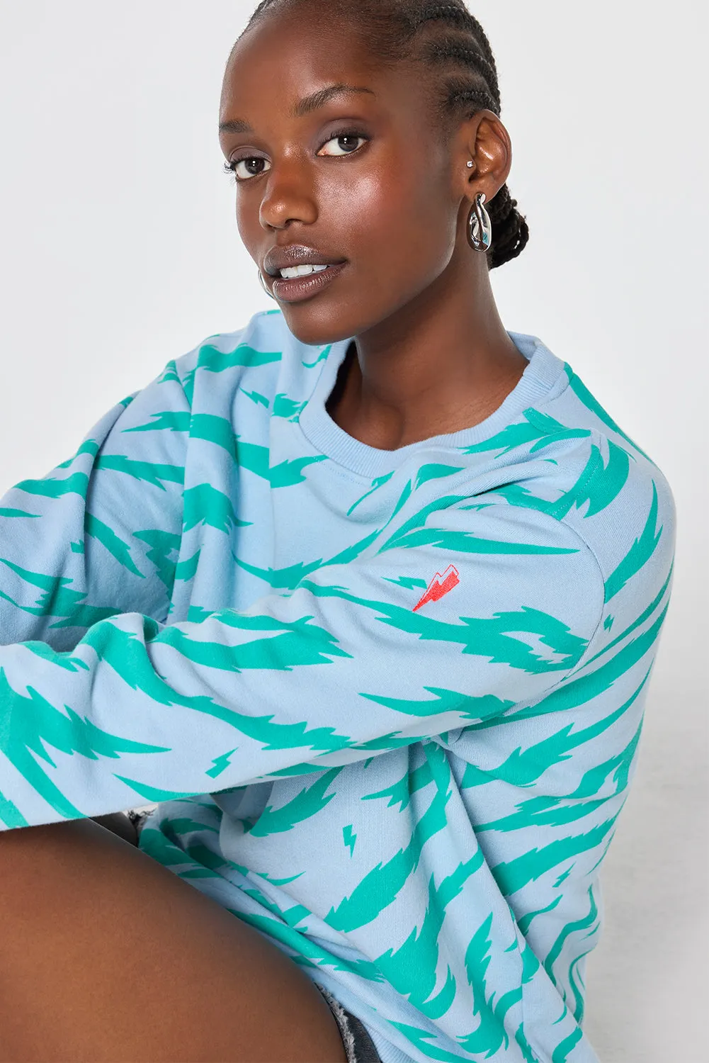 Light Blue with Green Graphic Tiger Oversized Sweatshirt