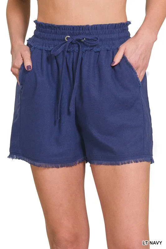 LINEN FRAYED HEM DRAWSTRING SHORTS WITH POCKETS