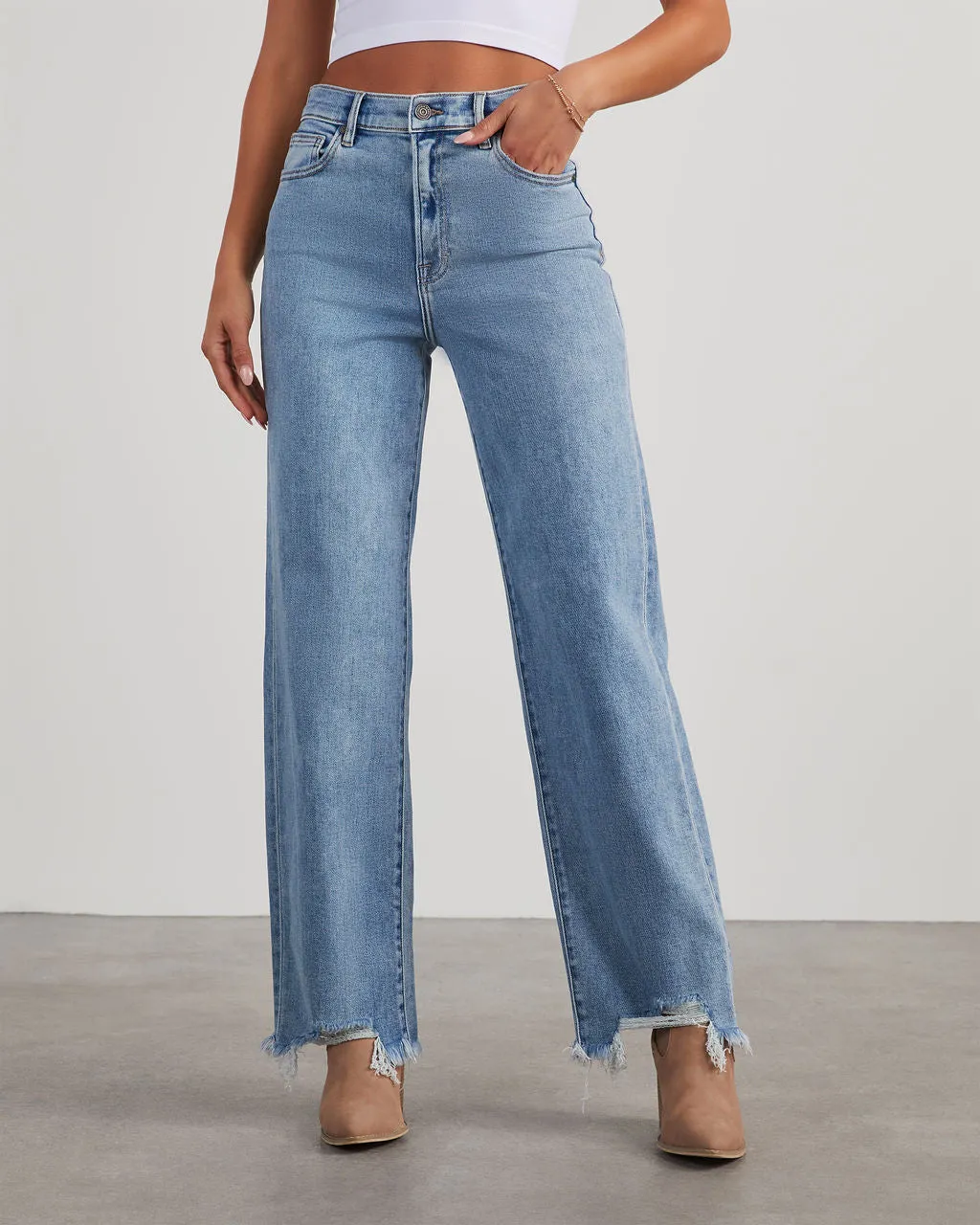 Mandy High Rise Stretch Frayed Wide Leg Jeans