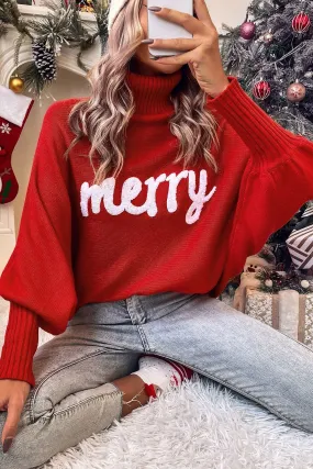 MERRY Embroidered Turtleneck Sweater: Red