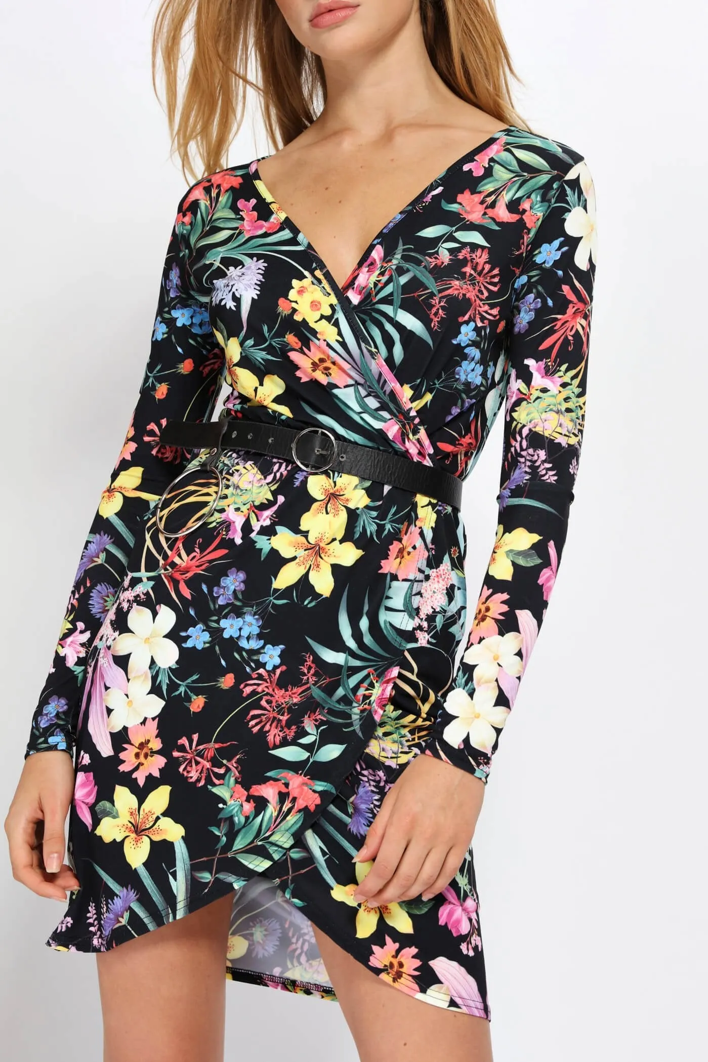 Multi Floral Wrap Front Dress