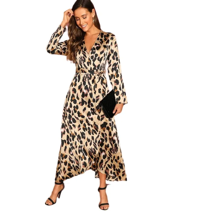 Multicolor Surplice Wrap Satin Leopard Deep