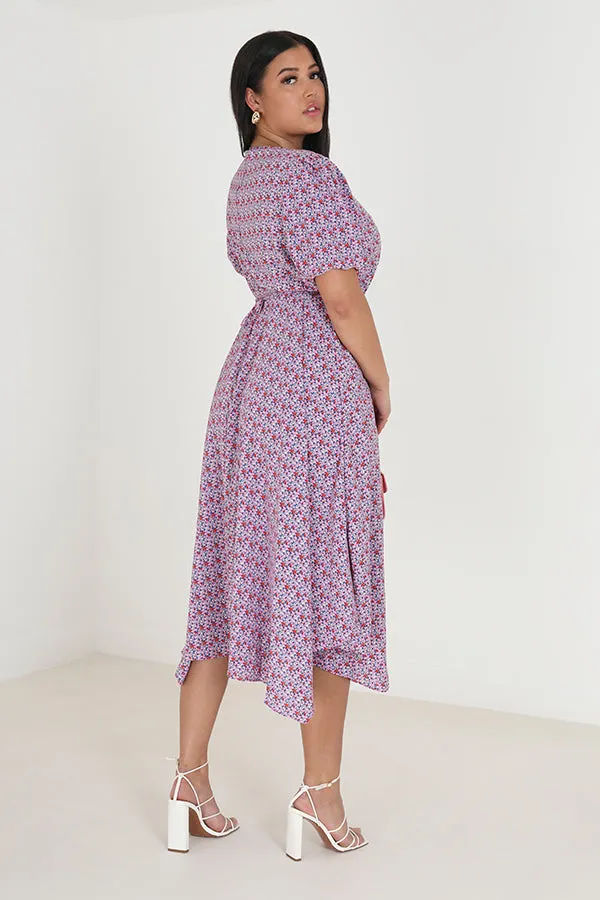 PINK FLORAL PLUS SIZE WRAP FRONT MIDI DRESS