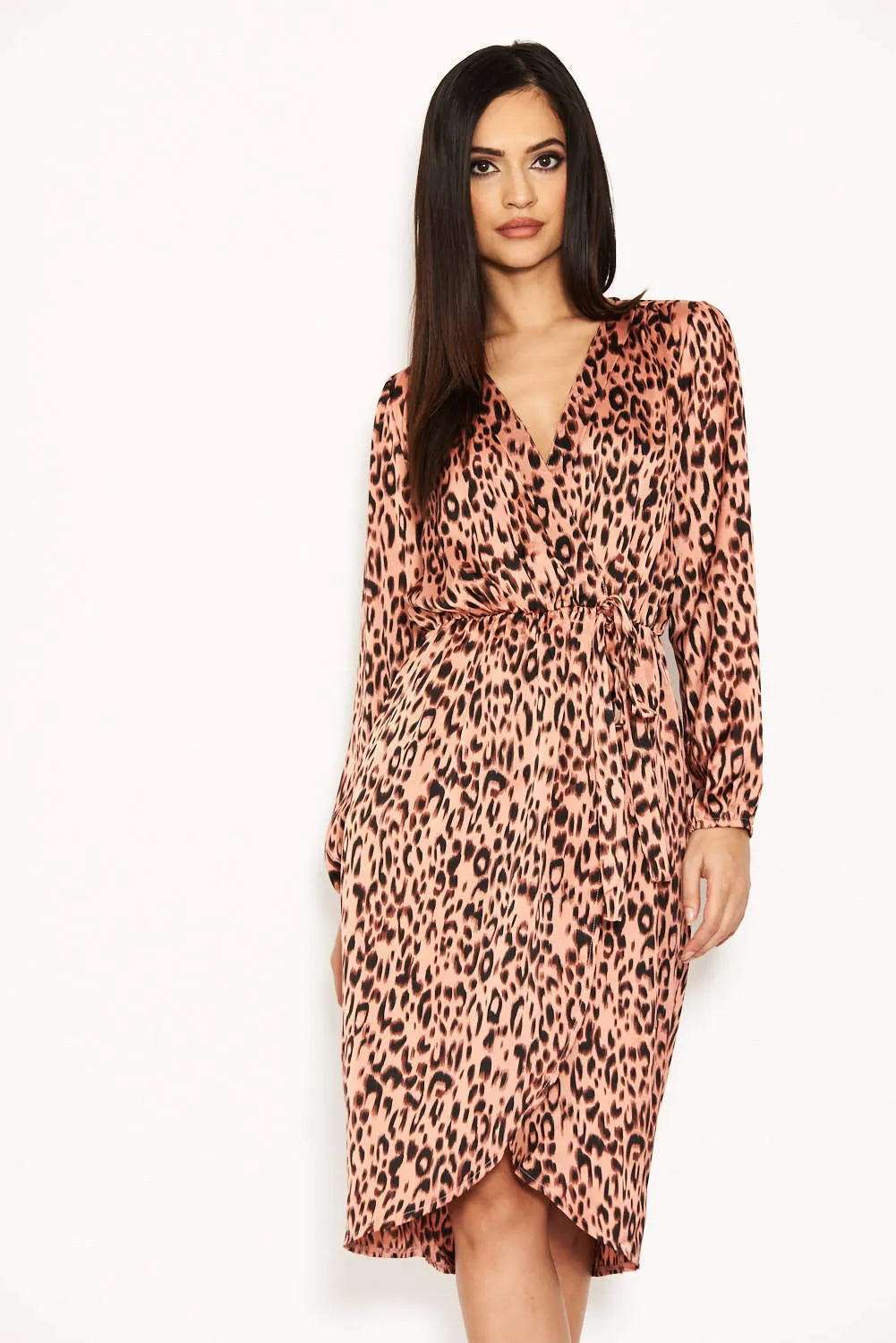 Pink Leopard Print V-Neck Wrap Dress