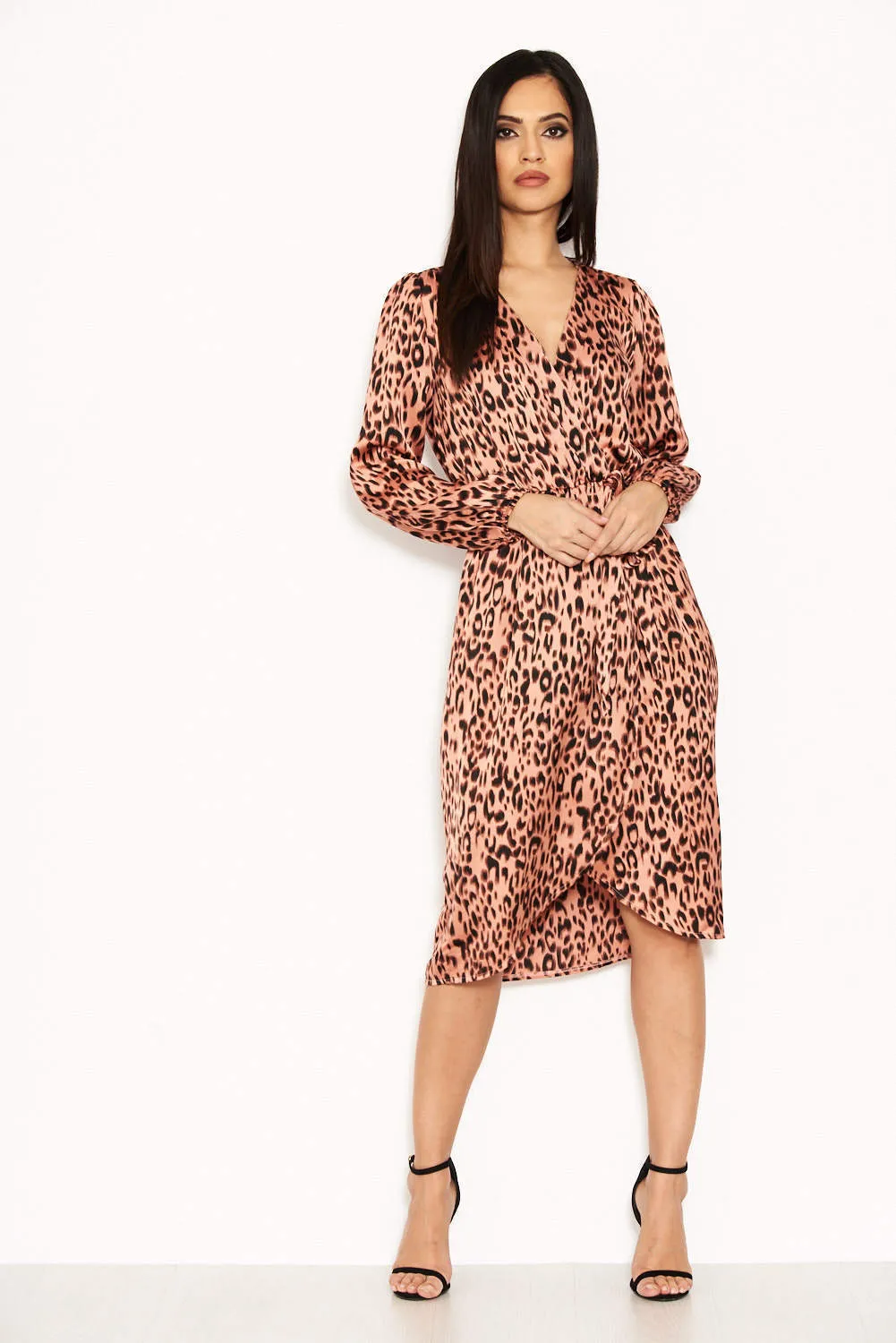 Pink Leopard Print V-Neck Wrap Dress