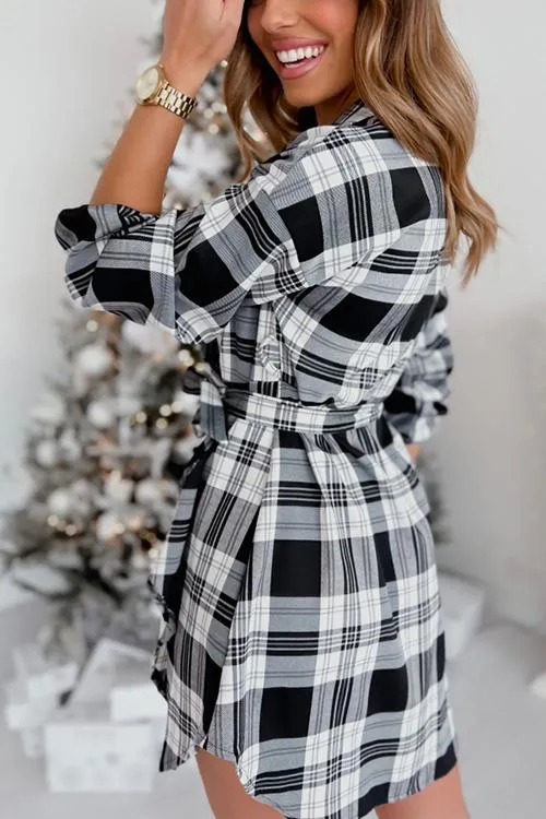 Plaid Long Sleeve Wrap Mini Dress