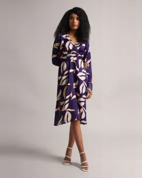 Purple Satin Wrap Midi Dress with Side Slit